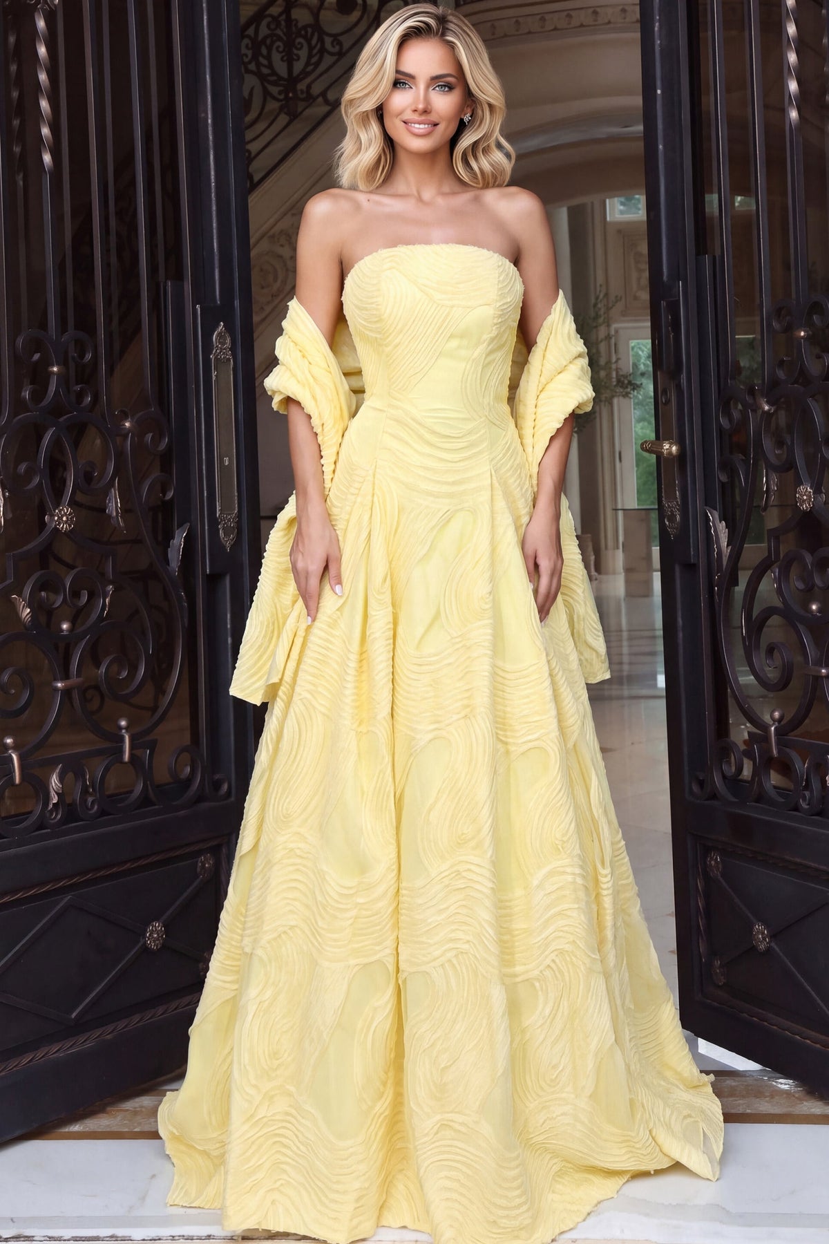 Jovani Evening Dress Jovani 53366 Yellow Strapless Textured Ball Gown