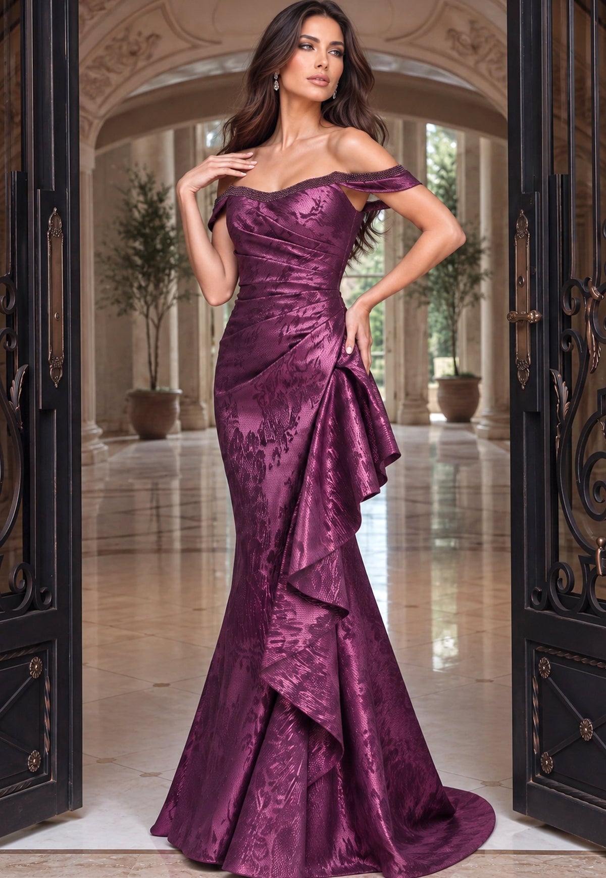Jovani Evening Dress Jovani 53942 Off Shoulder Ruched Brocade Mermaid Gown