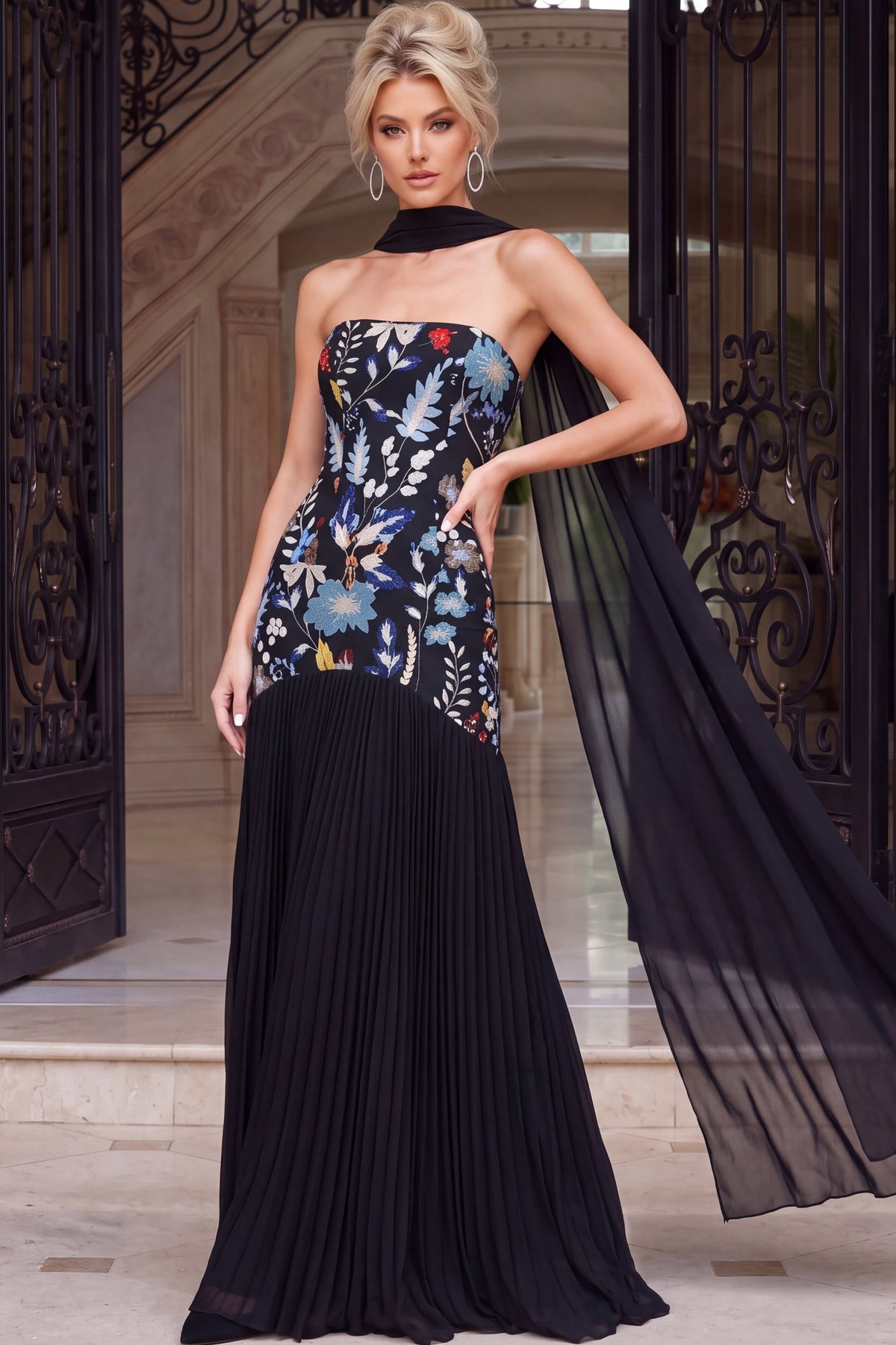 Jovani Evening Dress Jovani 54322 Strapless Floral Print Pleated Chiffon Gown