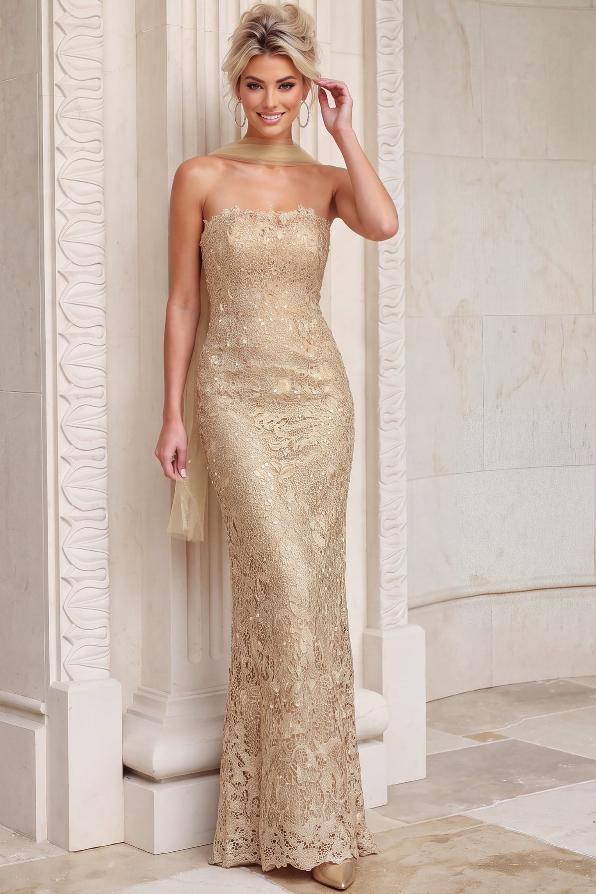 Jovani Evening Dress Jovani 54330 Lace Column Gown With High Back Slit