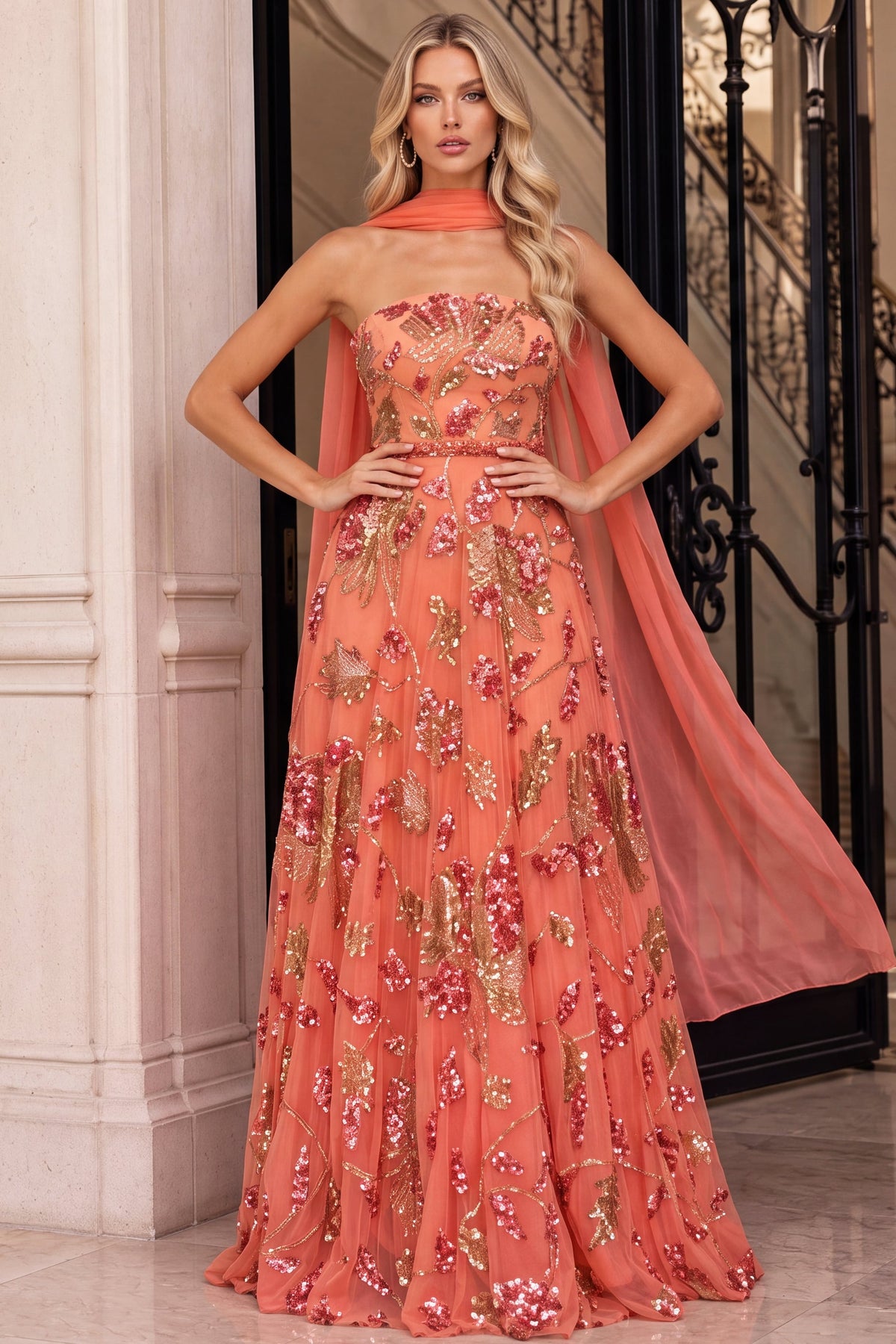 Jovani Evening Dress Jovani 54931 Strapless Floral Sequin A Line Tulle Gown