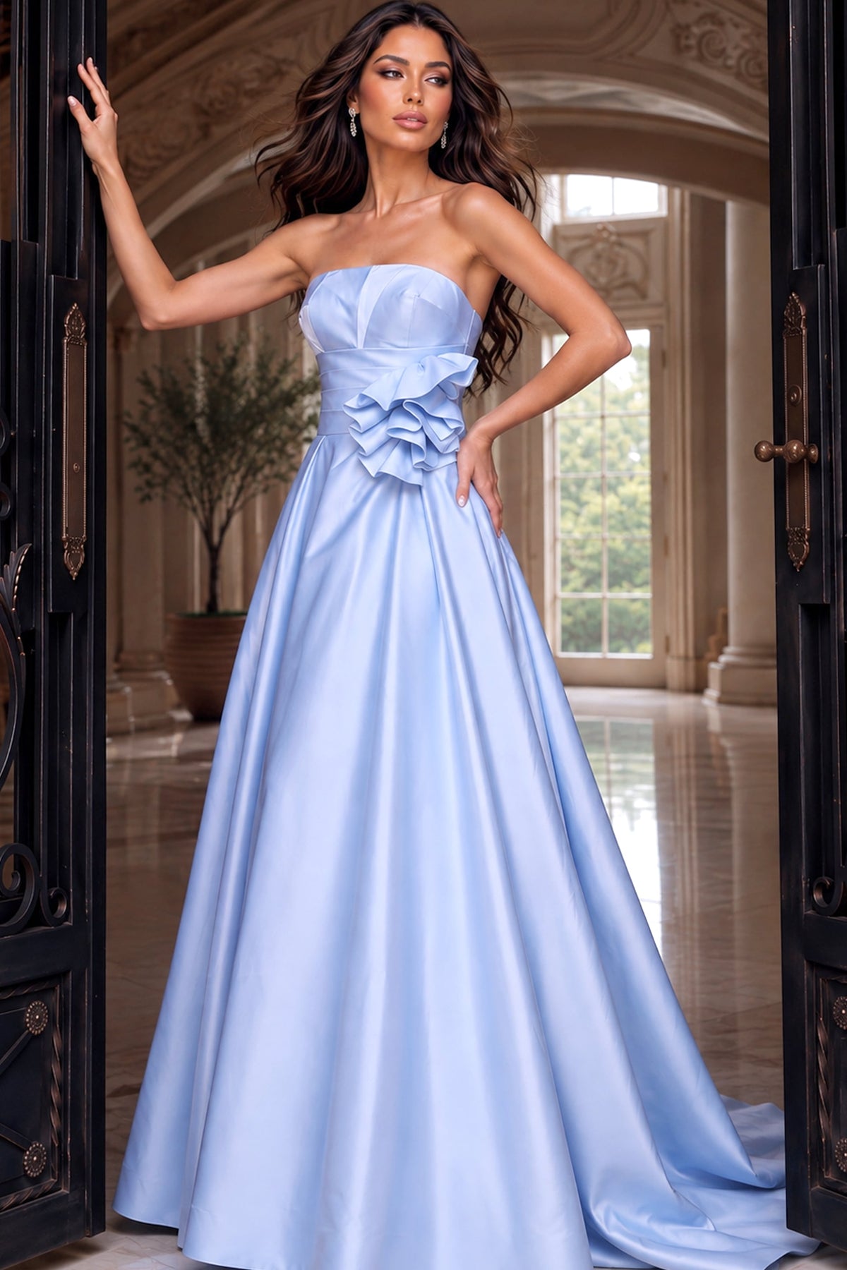 Jovani Evening Dress Jovani 55121 Strapless Ball Gown With Rosette Waist And Back Bow