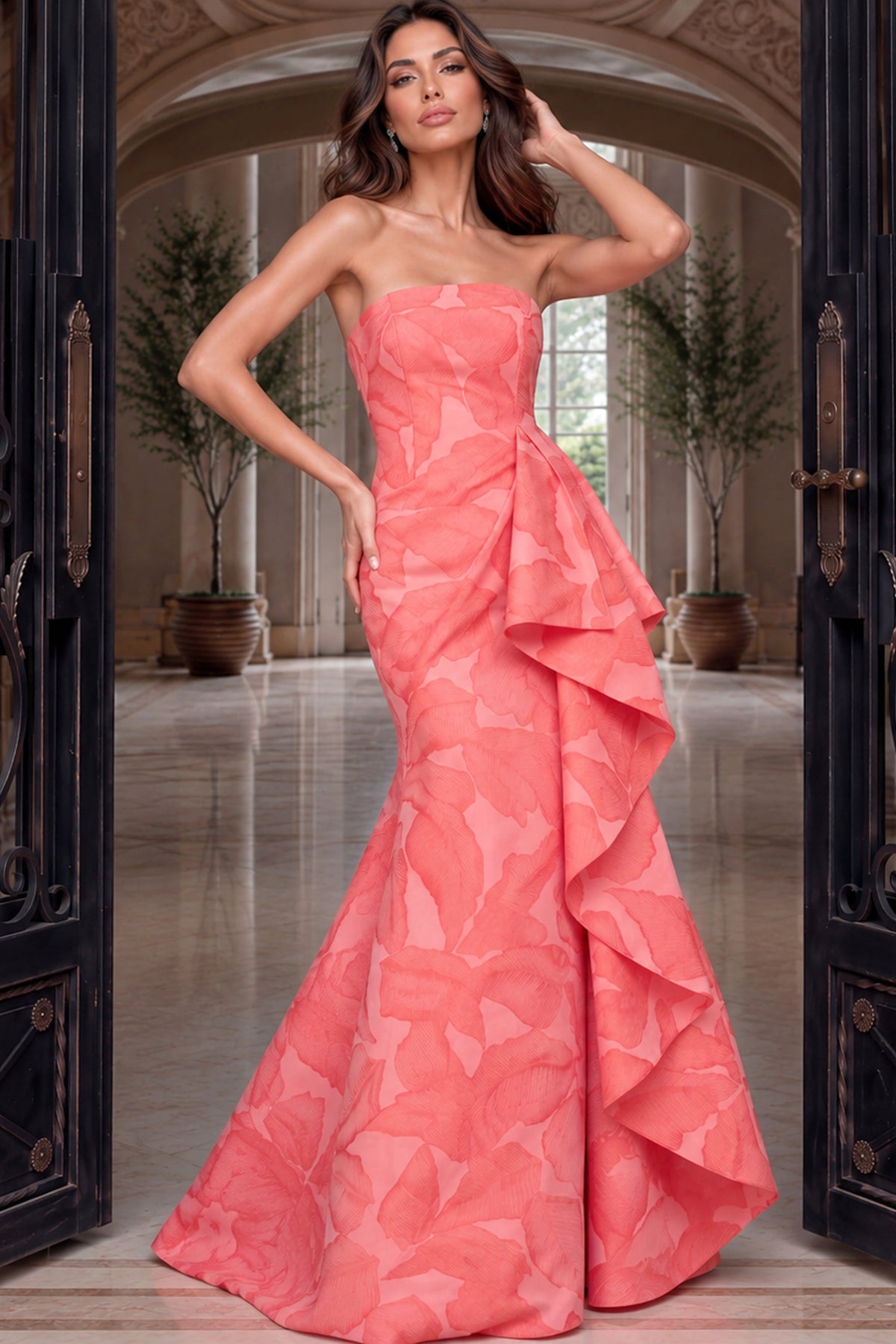 Jovani Evening Dress Jovani 55154 Strapless Floral Jacquard Mermaid Gown With Cascading Ruffle