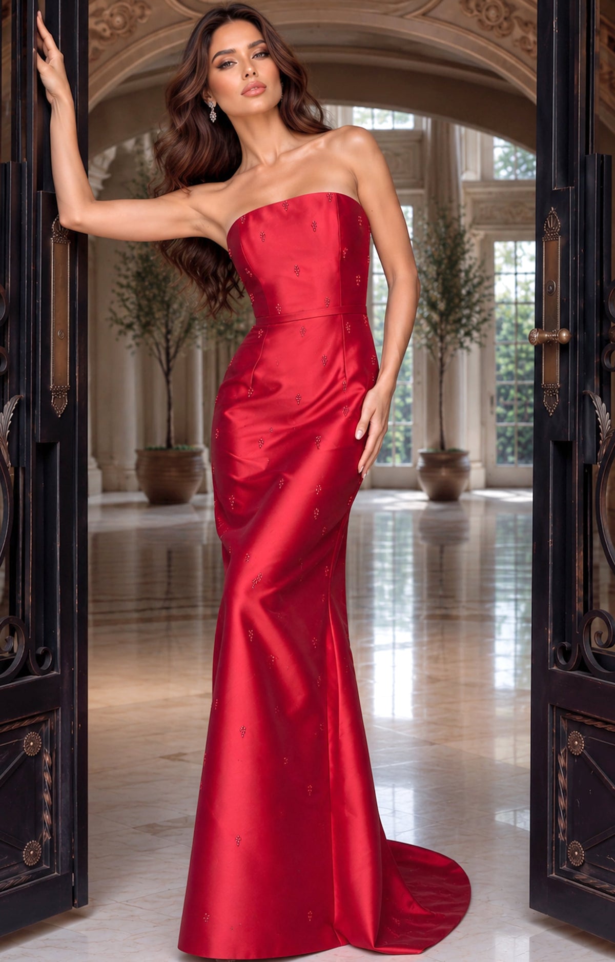 Jovani Evening Dress Jovani 55424 Strapless Crystal Scattered Satin Column Gown