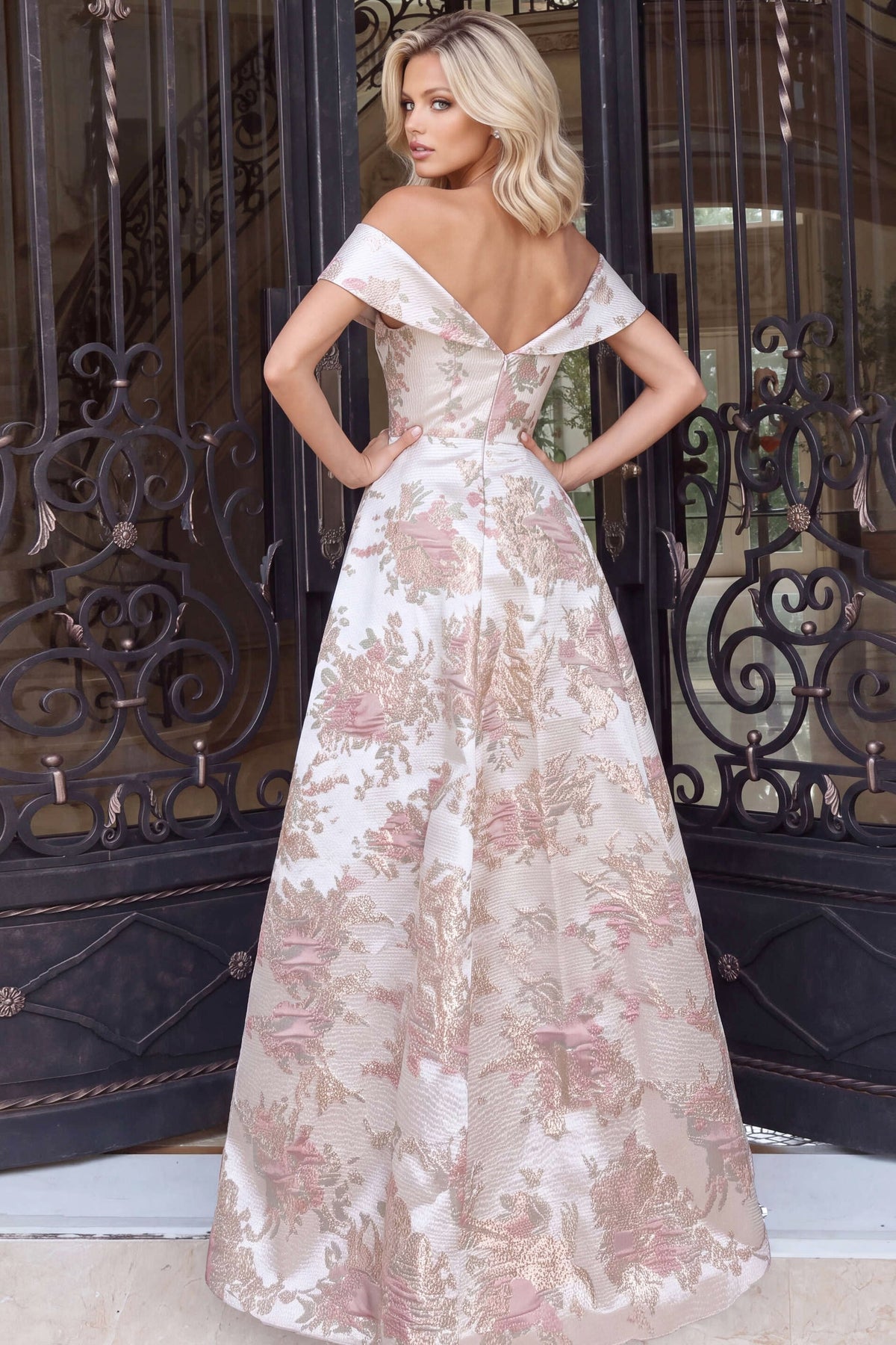 Jovani Evening Dress Jovani 55468 Off Shoulder Floral Brocade A Line Gown