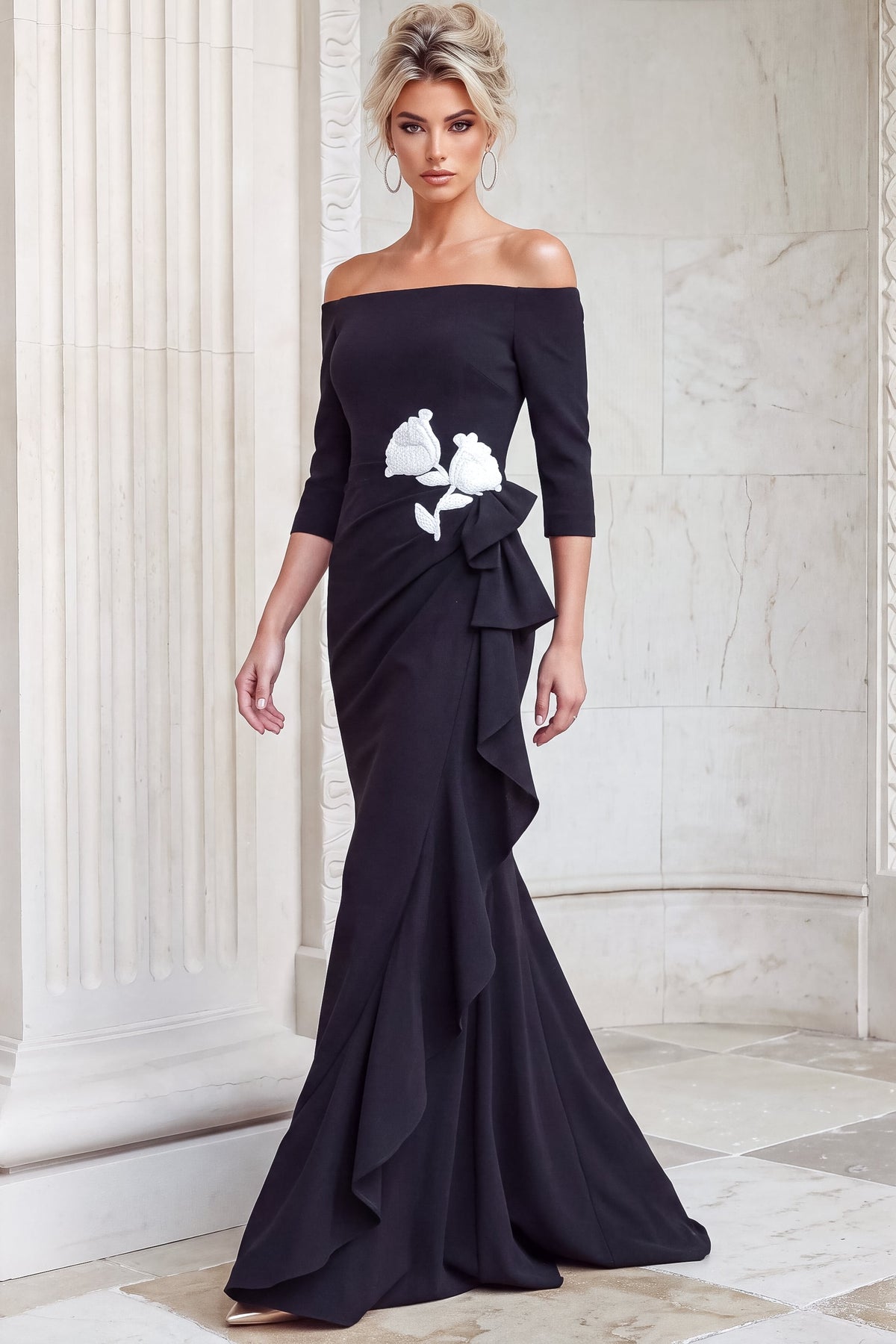 Jovani Evening Dress Jovani 55617 Crepe Mermaid Gown With Cascade Ruffle