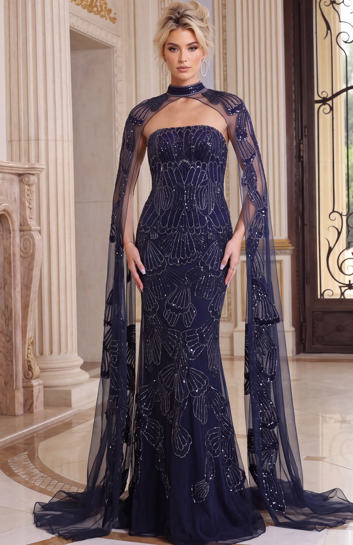 Jovani Evening Dress Navy Blue Strapless Beaded Cape Mermaid Gown - Jovani 52486