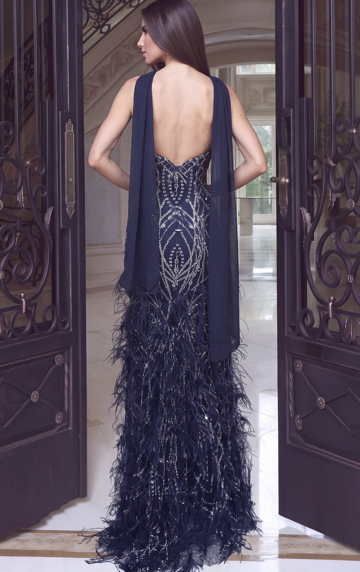 Jovani Evening Dress Navy Blue Strapless Beaded Feathered Column Gown - Jovani 53523