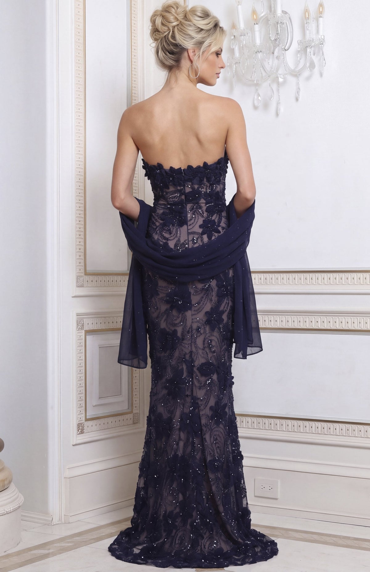 Jovani Evening Dress Navy Blue Strapless Floral Beaded Column Gown - Jovani 52018