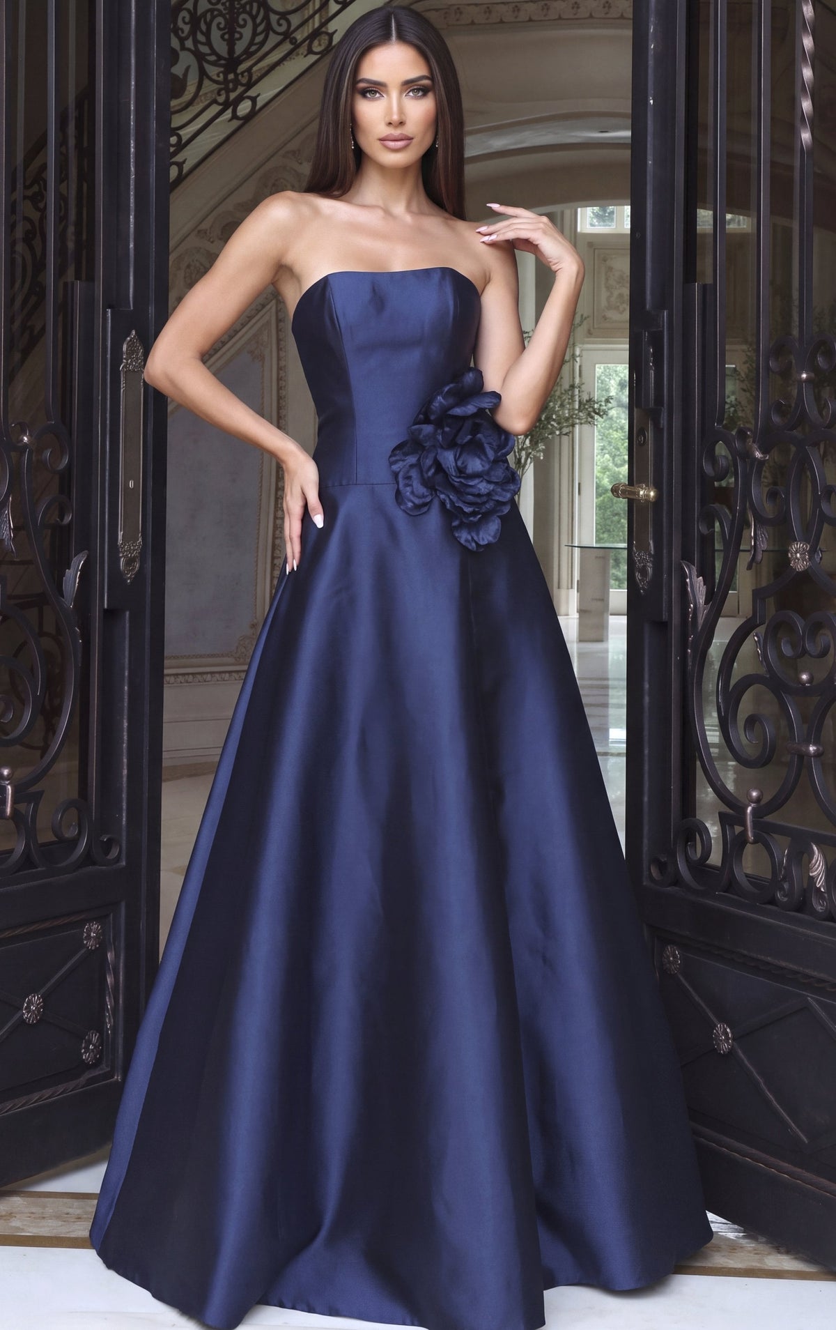 Jovani Evening Dress Navy Blue Strapless Floral Detail A-Line Gown - Jovani 53464