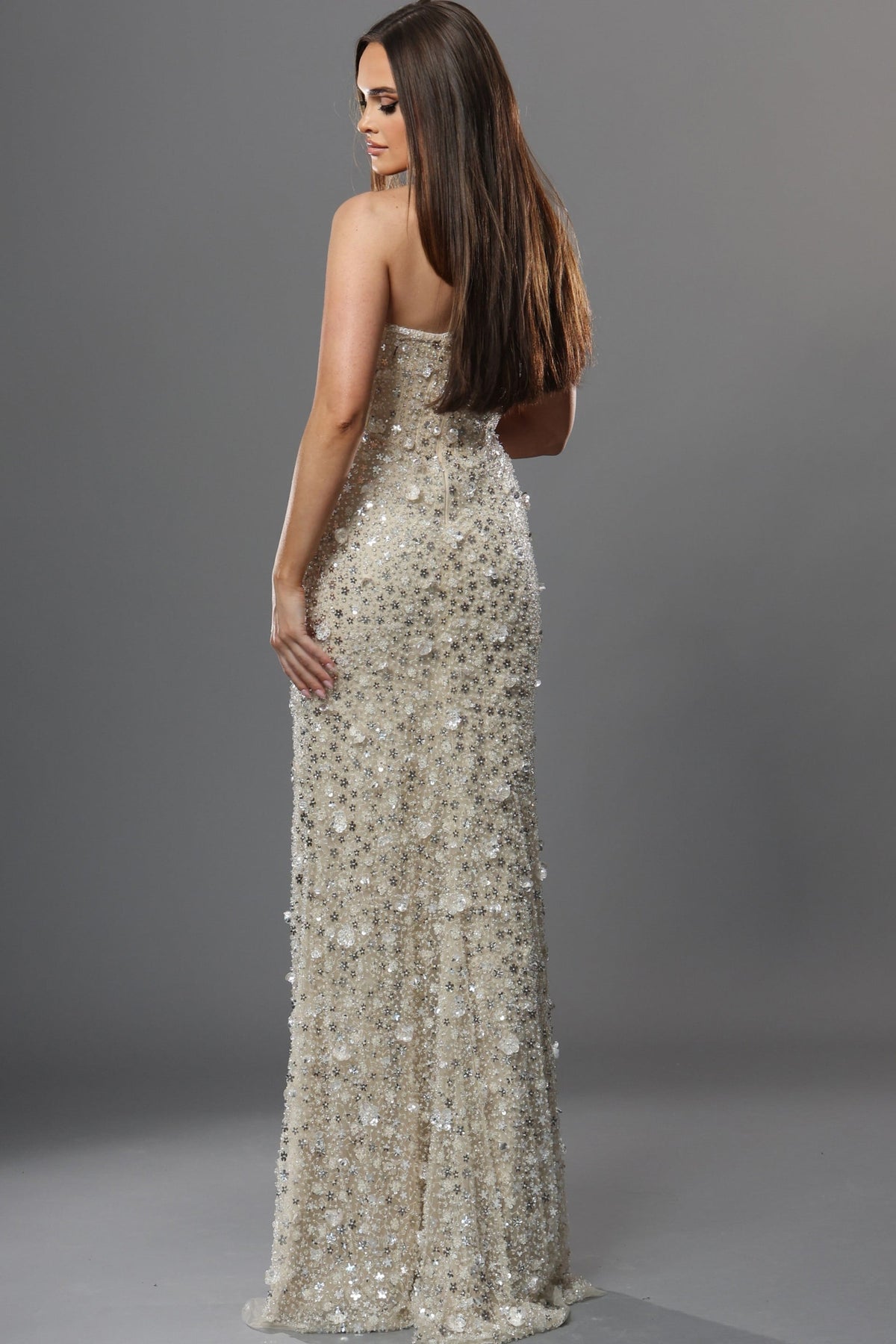 Jovani Evening Dress Nude/Silver Beaded Sequin High Slit Sheath Dress - Jovani 42452