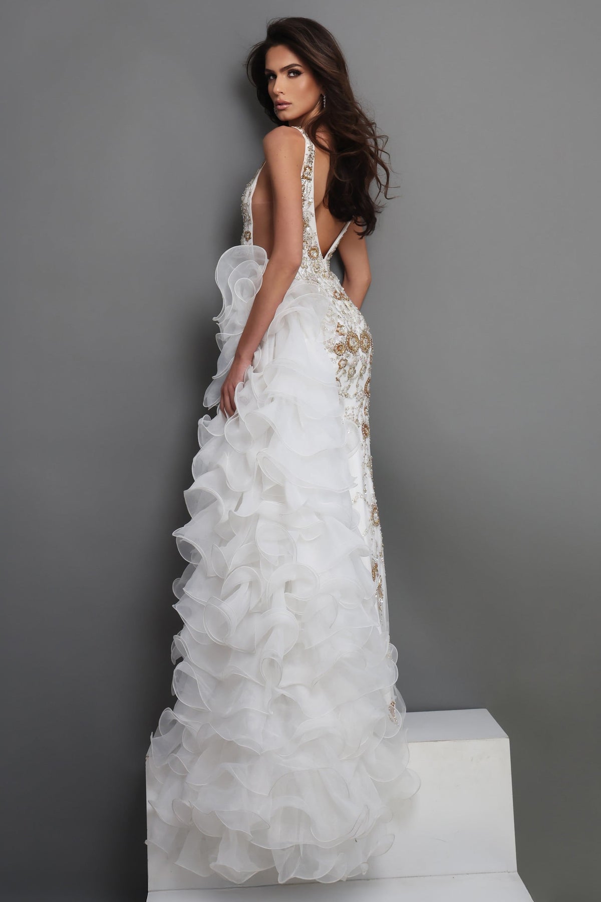 Jovani Evening Dress Off White Beaded Ruffled Train Mermaid Long Dress - Jovani 41146