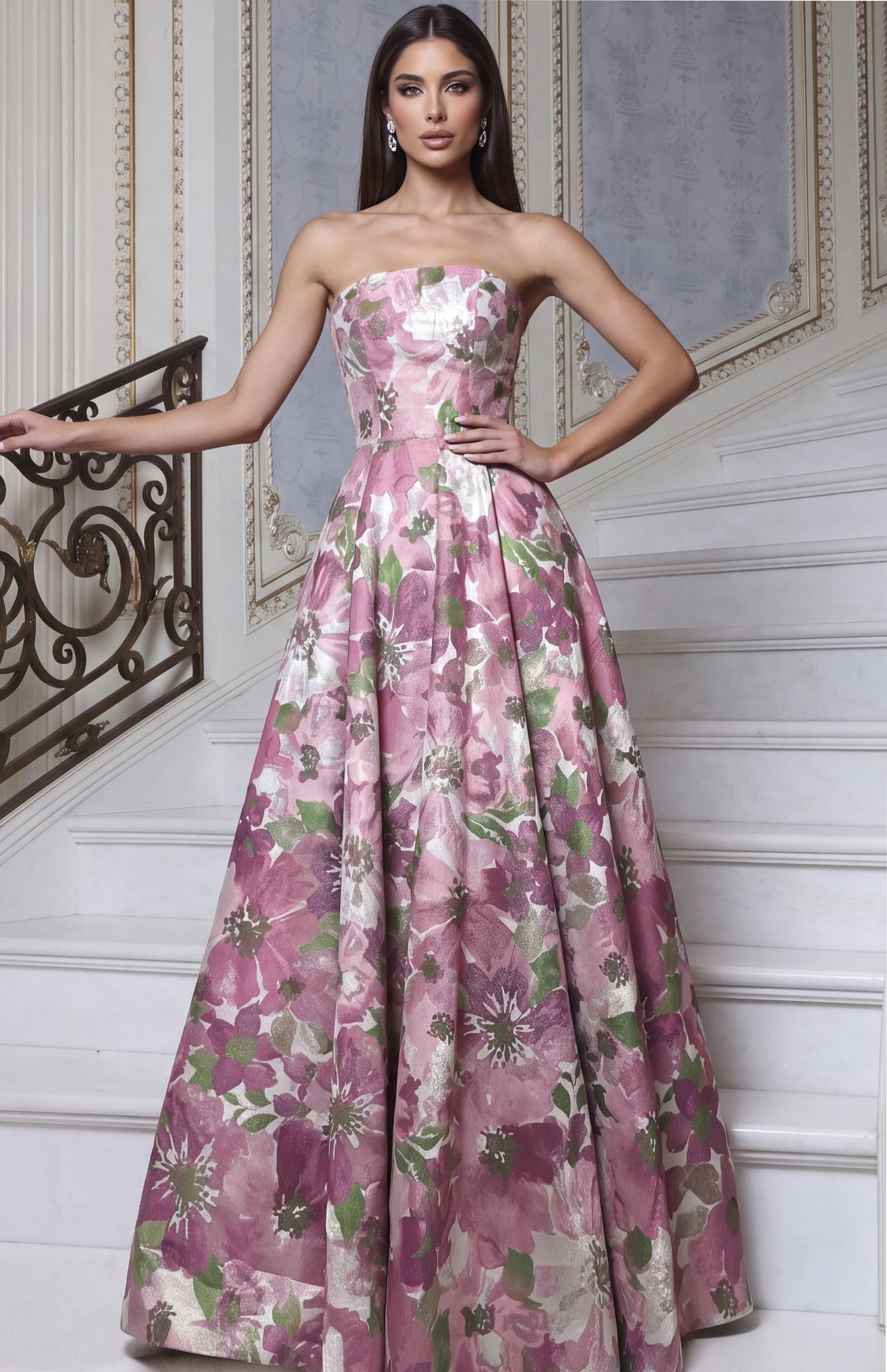 Jovani Evening Dress Pink Floral Floral Strapless Pattern A Line Gown - Jovani 55284