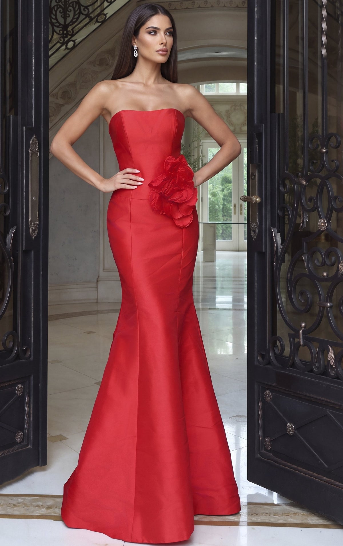 Jovani Evening Dress Red Strapless Floral AppliquƩ Mermaid Gown - Jovani 53463