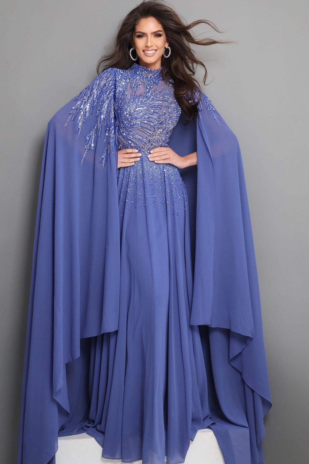 Jovani Evening Dress Royal Blue Beaded Cape Sleeves A Line Dress - Jovani 49742