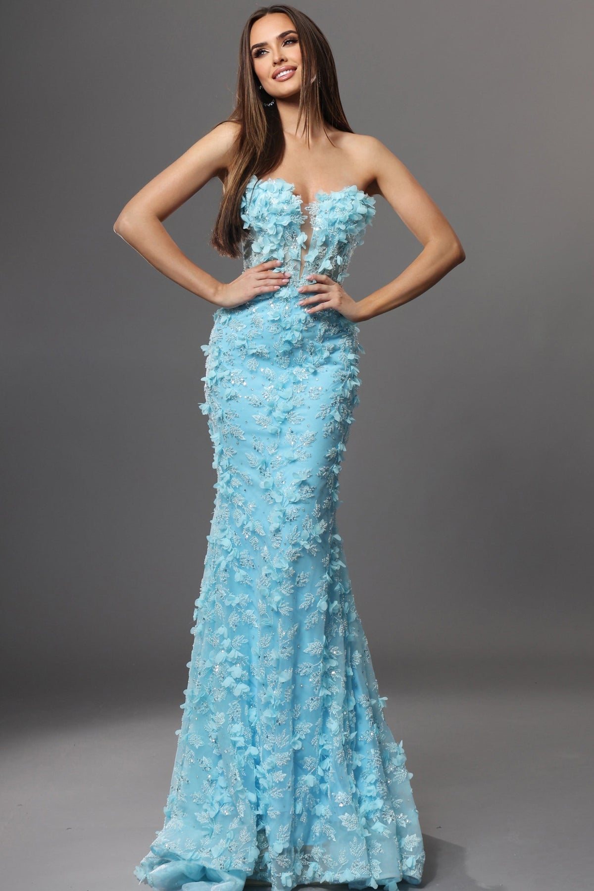 Jovani Evening Dress Strapless Deep V 3D Floral Sequin Dress - Jovani 49533