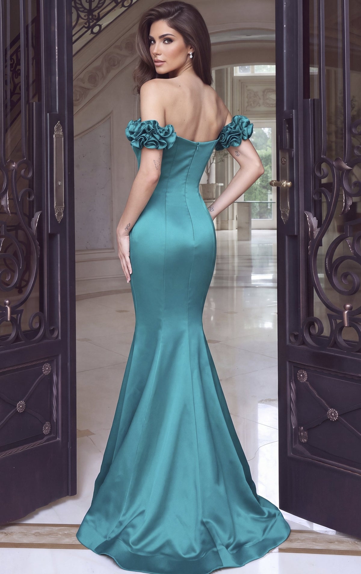 Jovani Evening Dress Teal Teal Off-Shoulder Rosettes Mermaid Gown - Jovani 53638