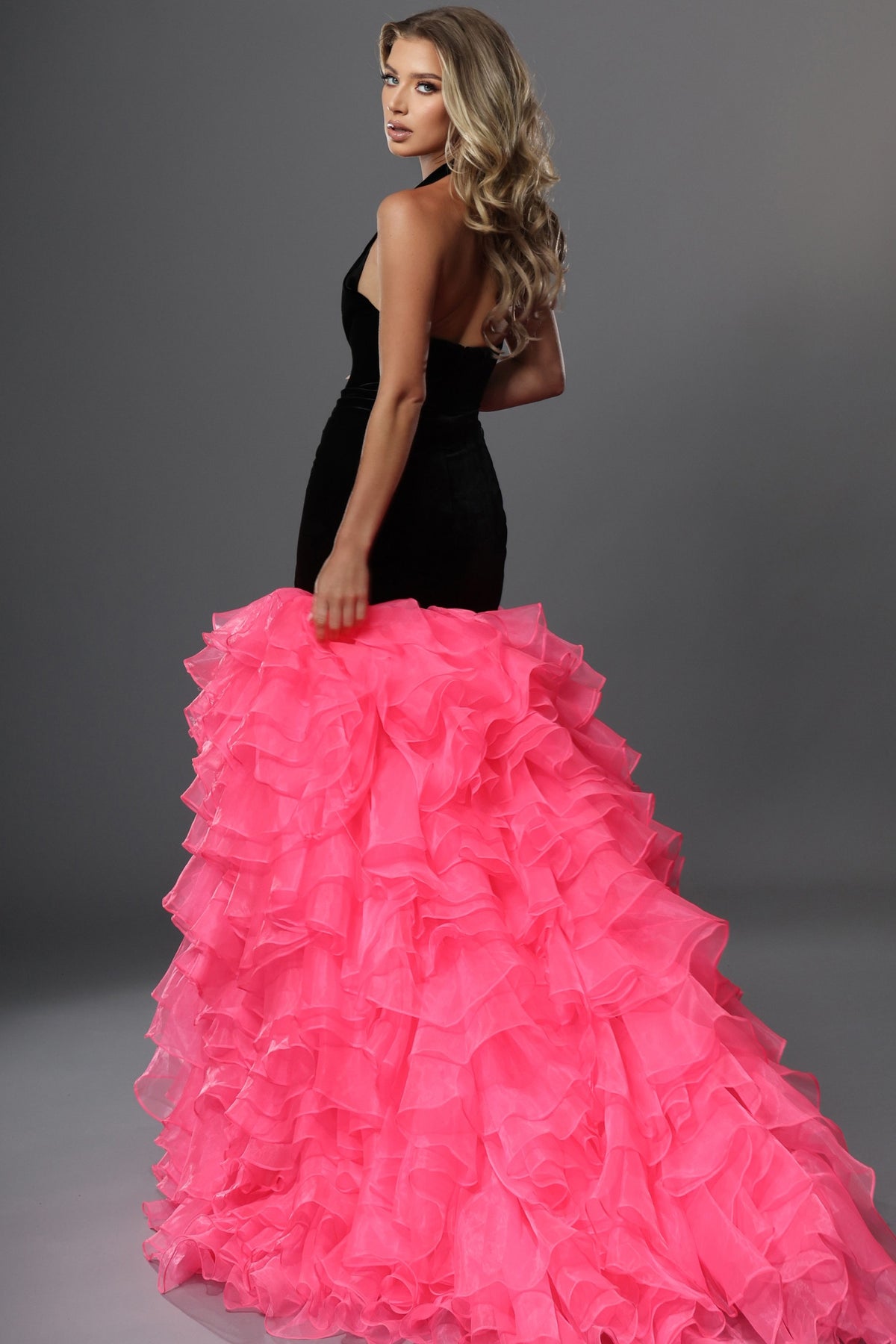 Jovani Evening Dress Velvet Halter Sweetheart Ruffled Skirt Mermaid Gown - Jovani 48448