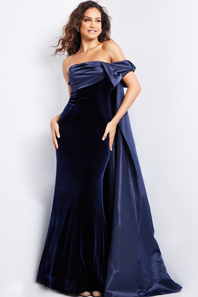 Jovani Evening Dresses Jovani 37391 Navy Off the shoulder Straight Neck Gown