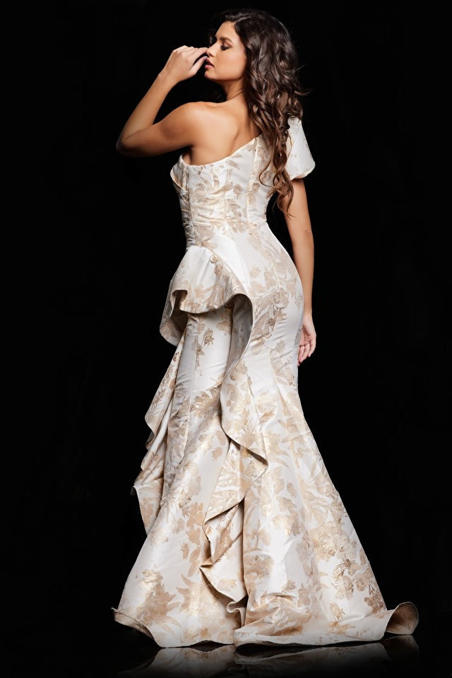 Jovani Evening Dresses Jovani 38935 Gold One Shoulder Ruffle Skirt Dress