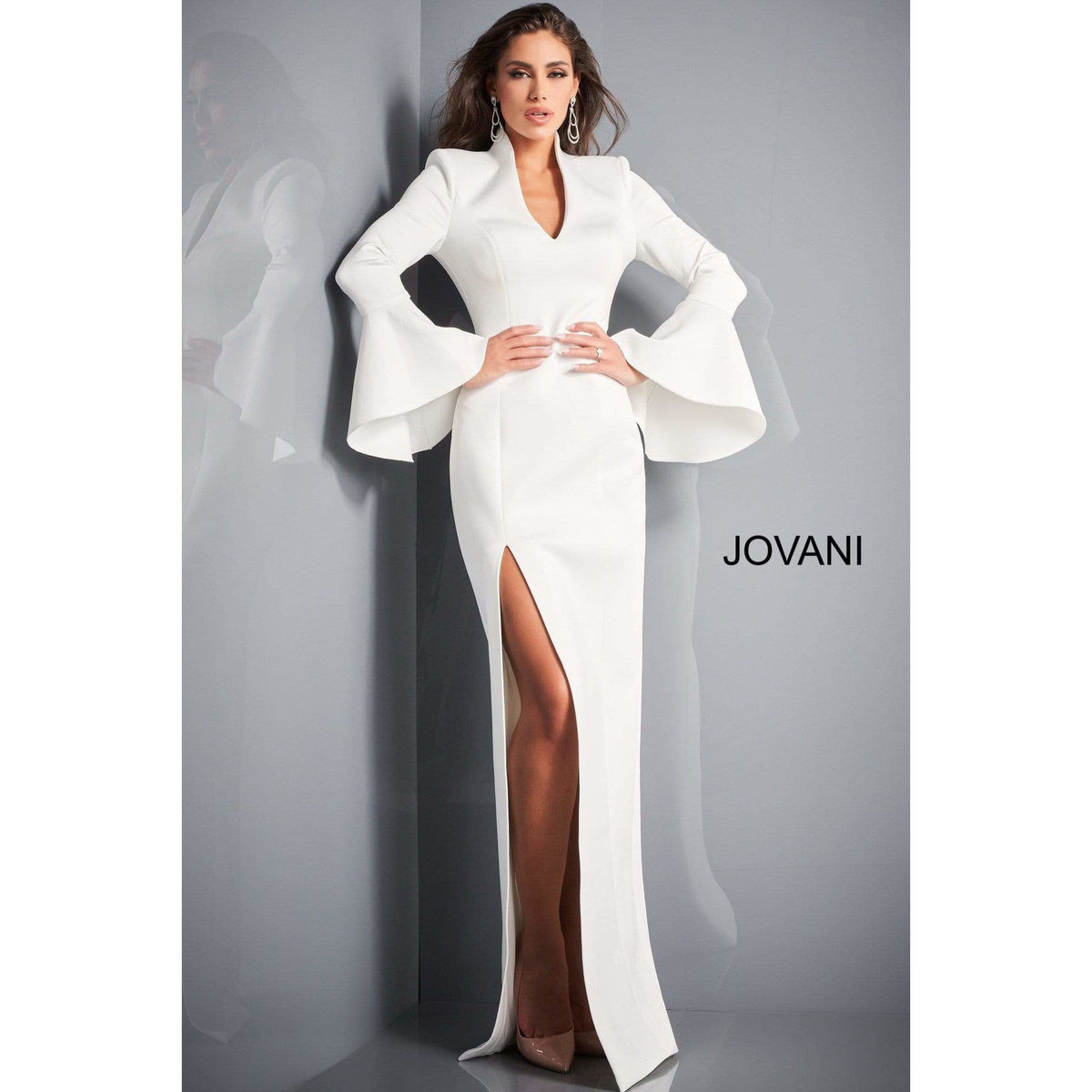 Jovani Evening Gown Jovani 04240 High Slit Bell Sleeve Evening Dress