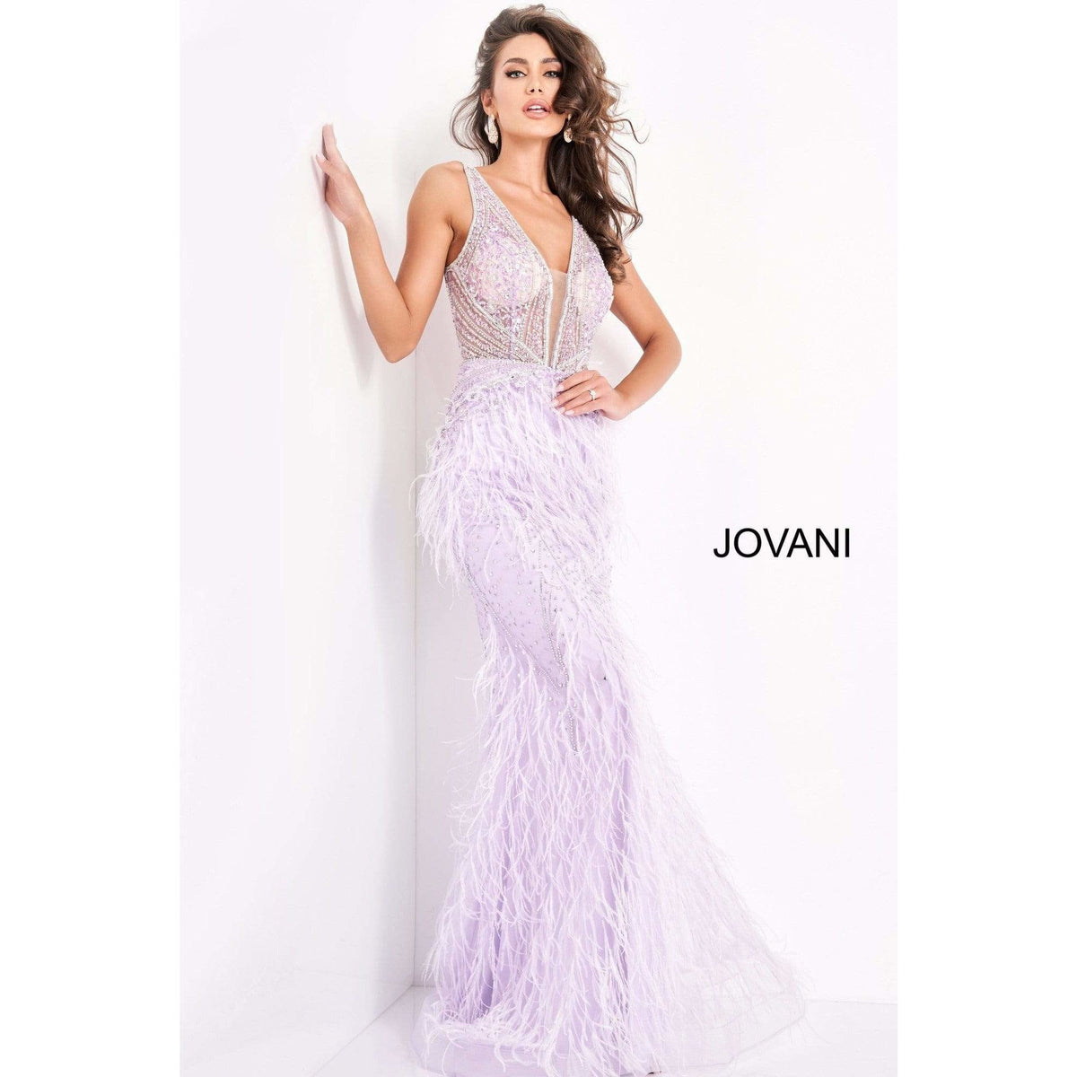 Jovani Evening Gowns Jovani 03023 Sheer Embellished Bodice Feather Prom Dress