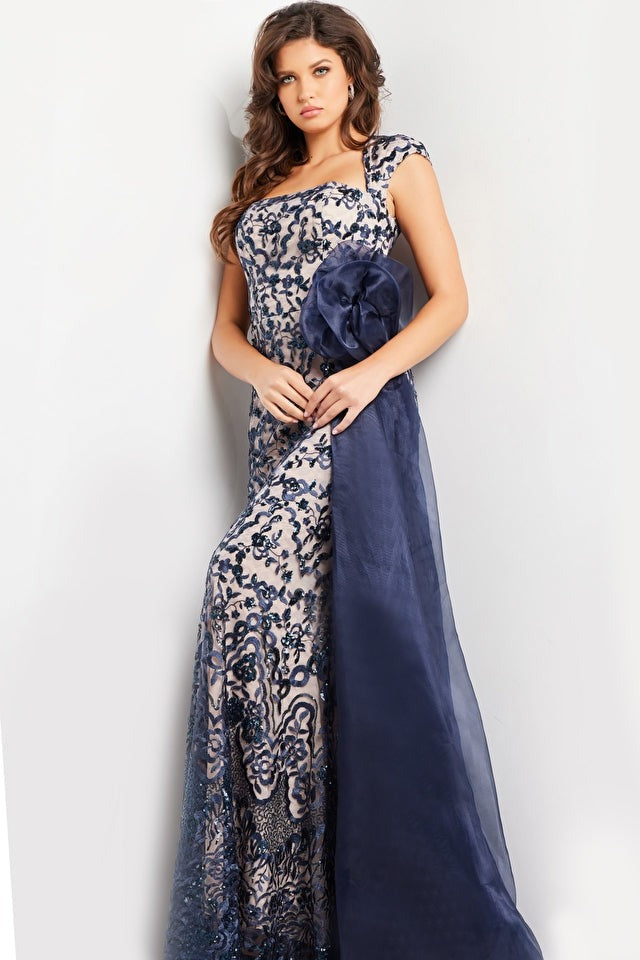 Jovani Evening Gowns Jovani 37203 Navy Nude Embroidered Cap Sleeve Gown