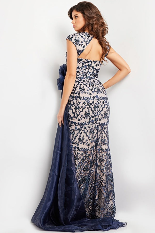 Jovani Evening Gowns Jovani 37203 Navy Nude Embroidered Cap Sleeve Gown