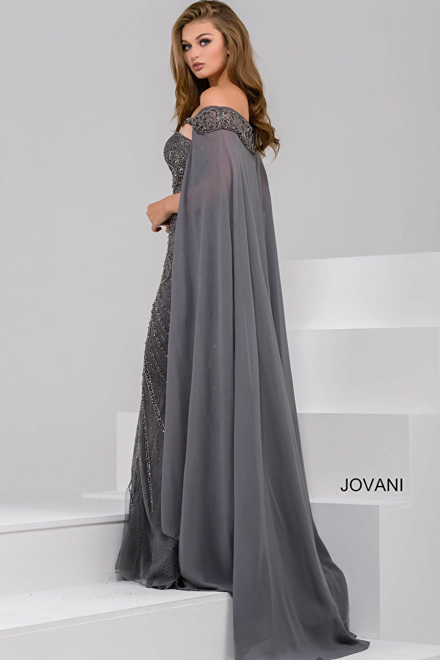 Jovani Mother of the Bride 00 / CHARCOAL Jovani 45566 Off the Shoulder Beaded Mother of the Bride Dress