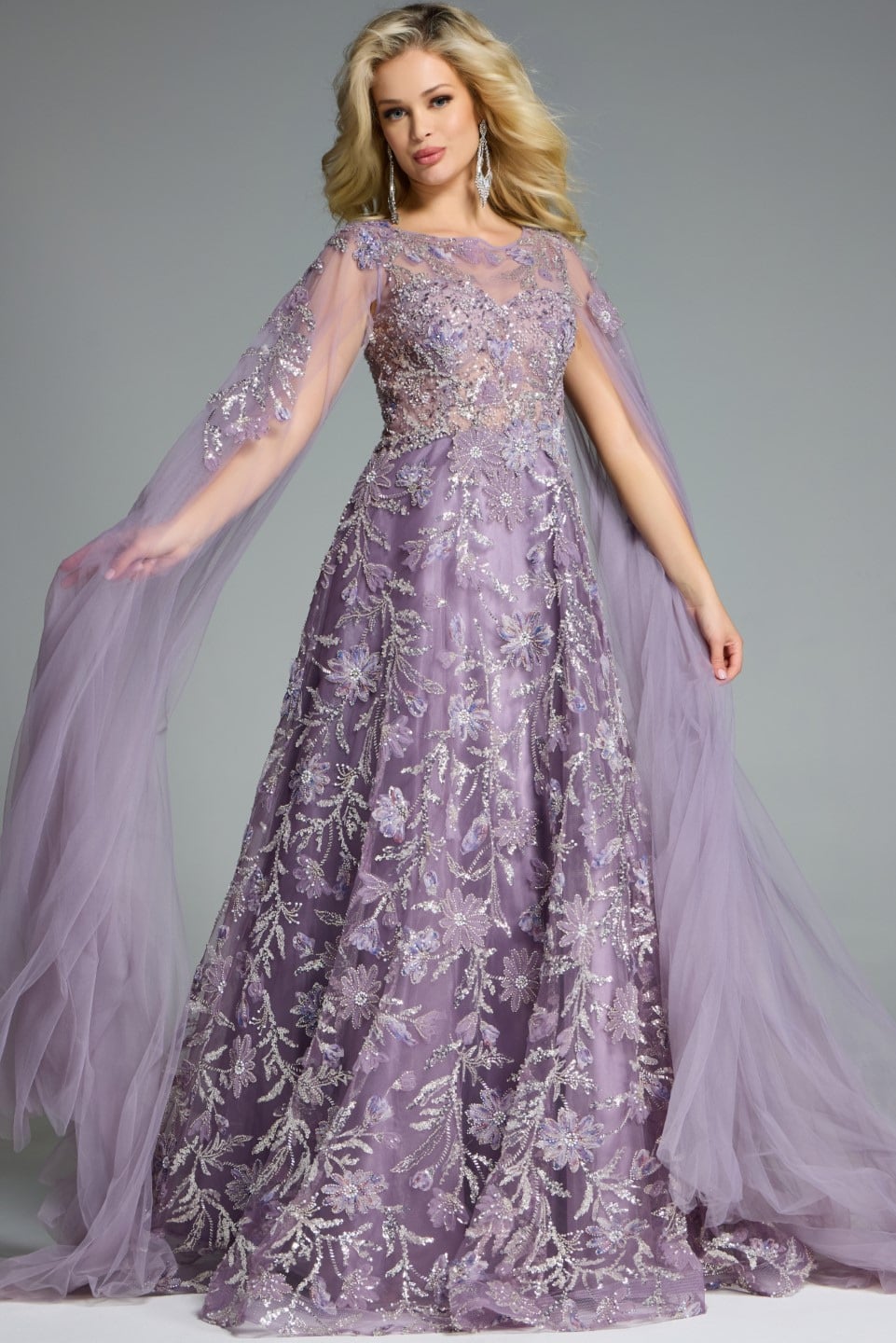 Jovani Mother of the Bride Dress 00 / Light Blue Jovani 43312 Elegant A-Line Gown With Floral Embroidery And Cape Sleeves