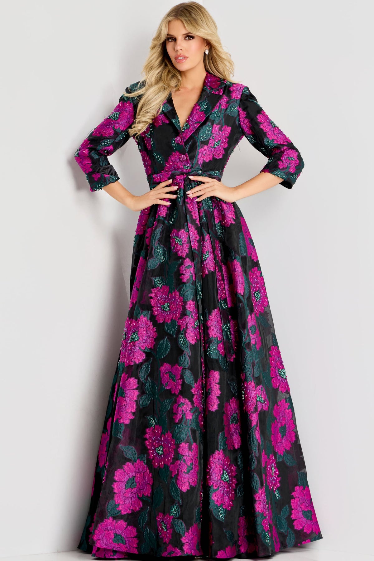 Jovani Mother of the Bride Dress 00 / Multi Jovani 44716 Floral Beaded Gown With Long Sleeves