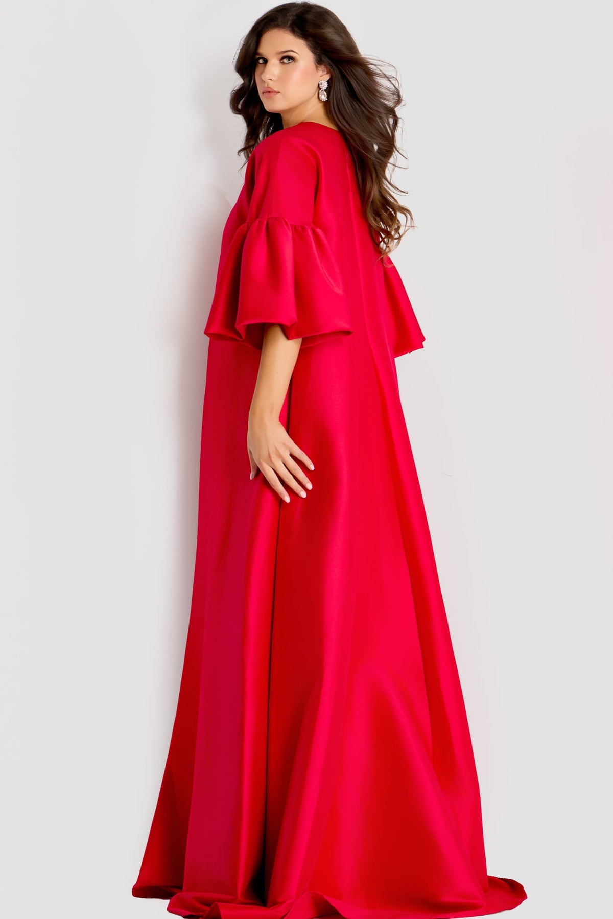 Jovani Mother of the Bride Dress Jovani 42160 Satin Cape Gown With Dramatic Bell Sleeves