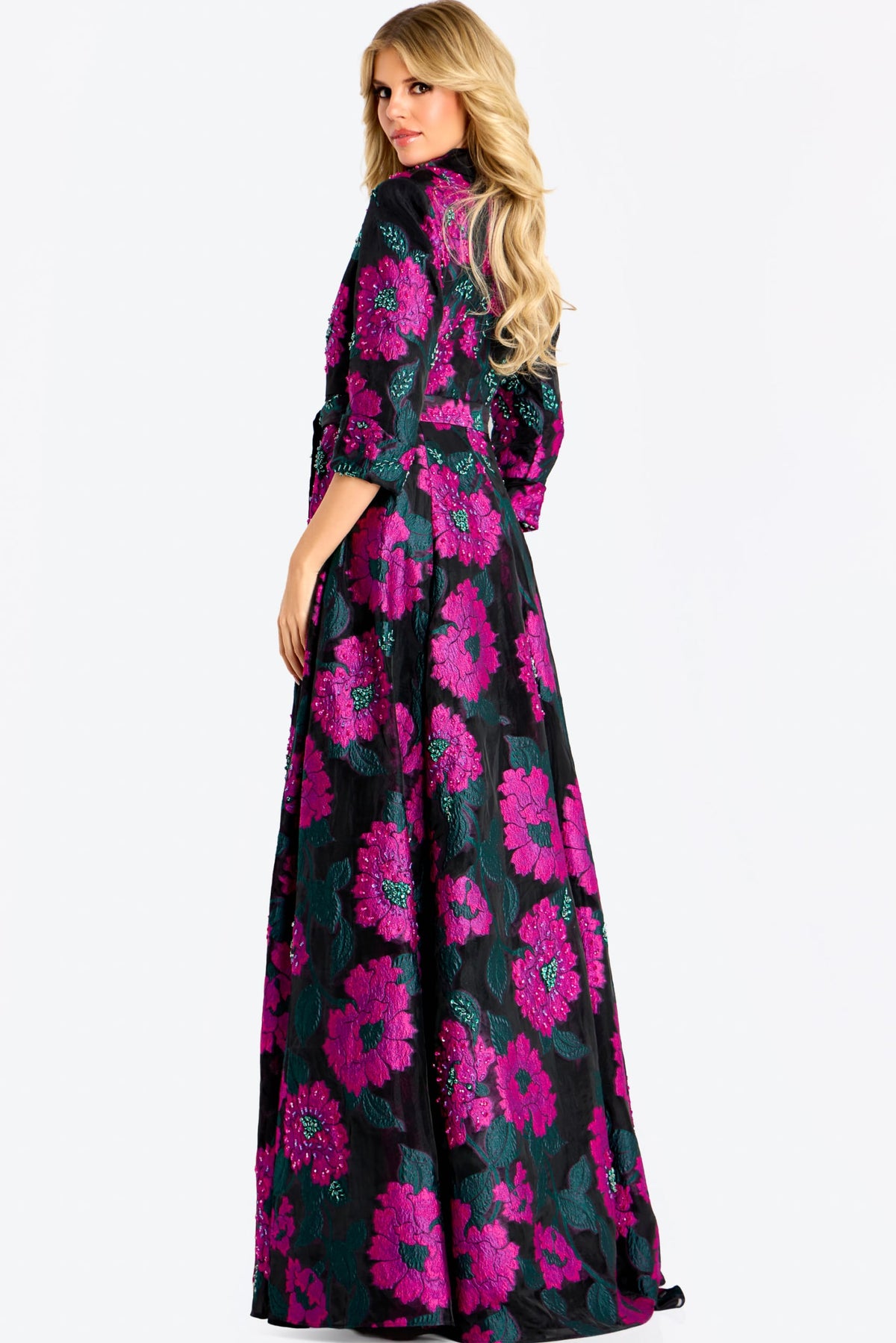 Jovani Mother of the Bride Dress Jovani 44716 Floral Beaded Gown With Long Sleeves