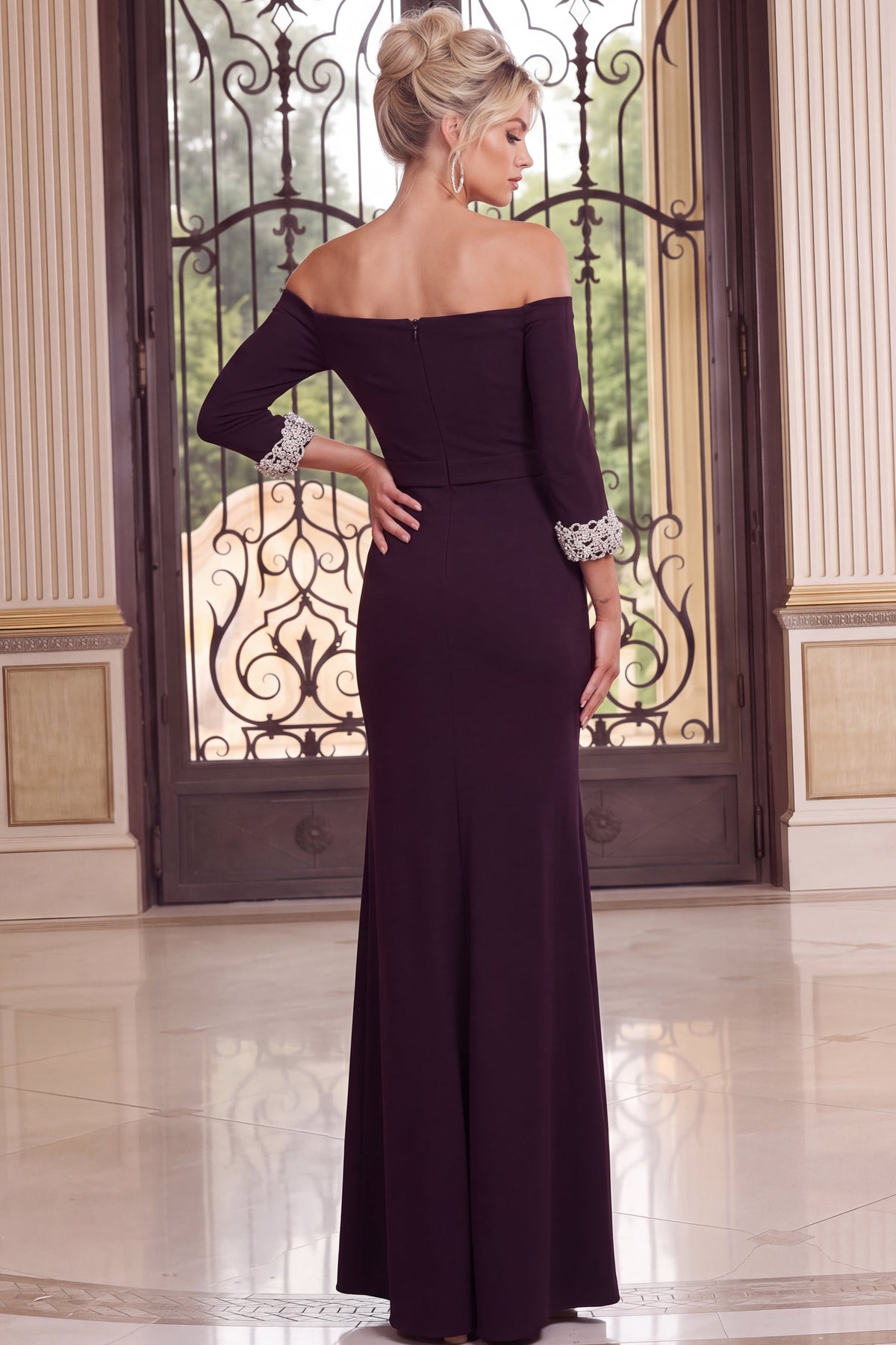Jovani Mother of the Bride Dress Jovani 49832 Plum Off The Shoulder Gown With Crystal Cuffs