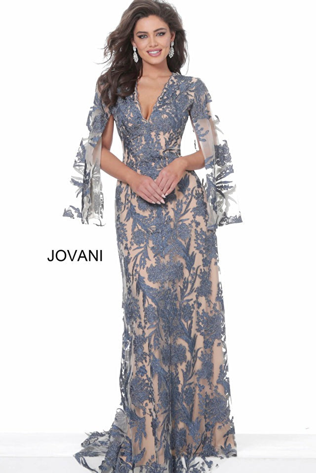 Jovani Mother of the Bride Jovani 00752 Navy Nude V Neck Lace Mother of the Bride Dress