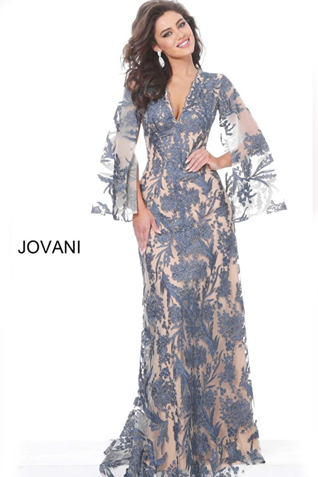 Jovani Mother of the Bride Jovani 00752 Navy Nude V Neck Lace Mother of the Bride Dress