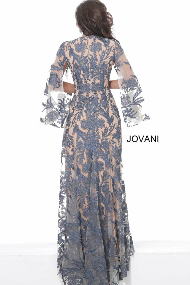 Jovani Mother of the Bride Jovani 00752 Navy Nude V Neck Lace Mother of the Bride Dress