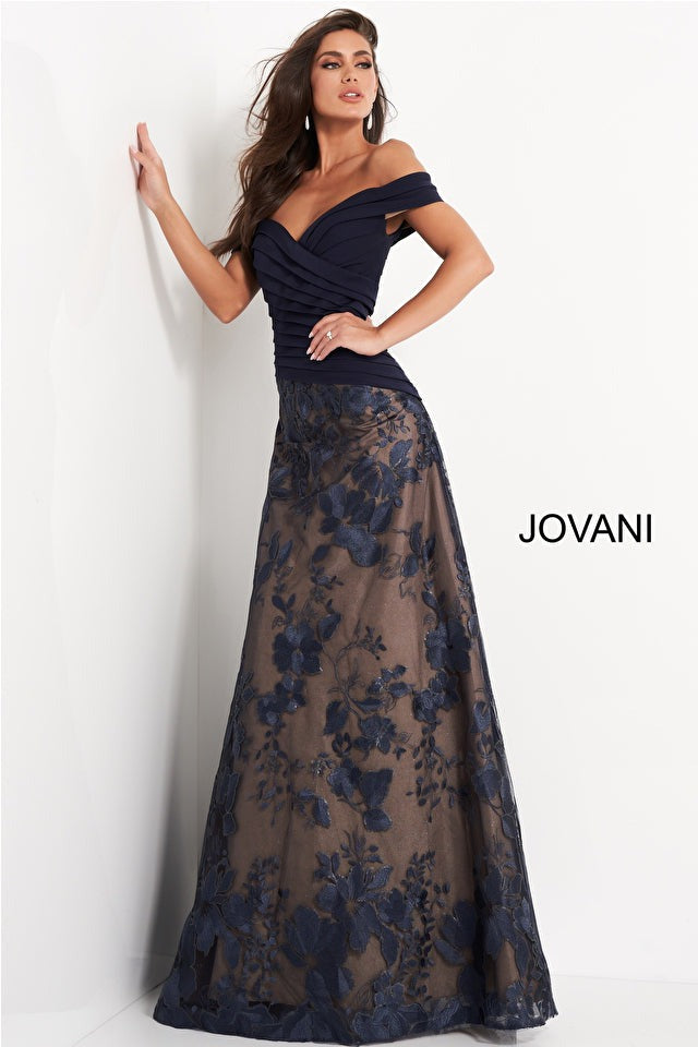 Jovani Mother of the Bride Jovani 02852 Navy Pleated Bodice A Line Mother of the Bride Dress