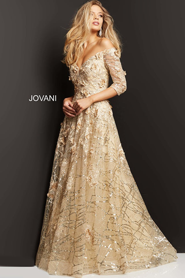 Jovani Mother of the Bride Jovani 06636 Cream Floral Embellished A Line Gown