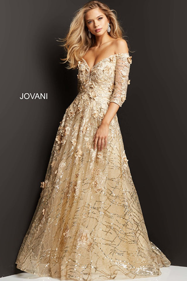 Jovani Mother of the Bride Jovani 06636 Cream Floral Embellished A Line Gown