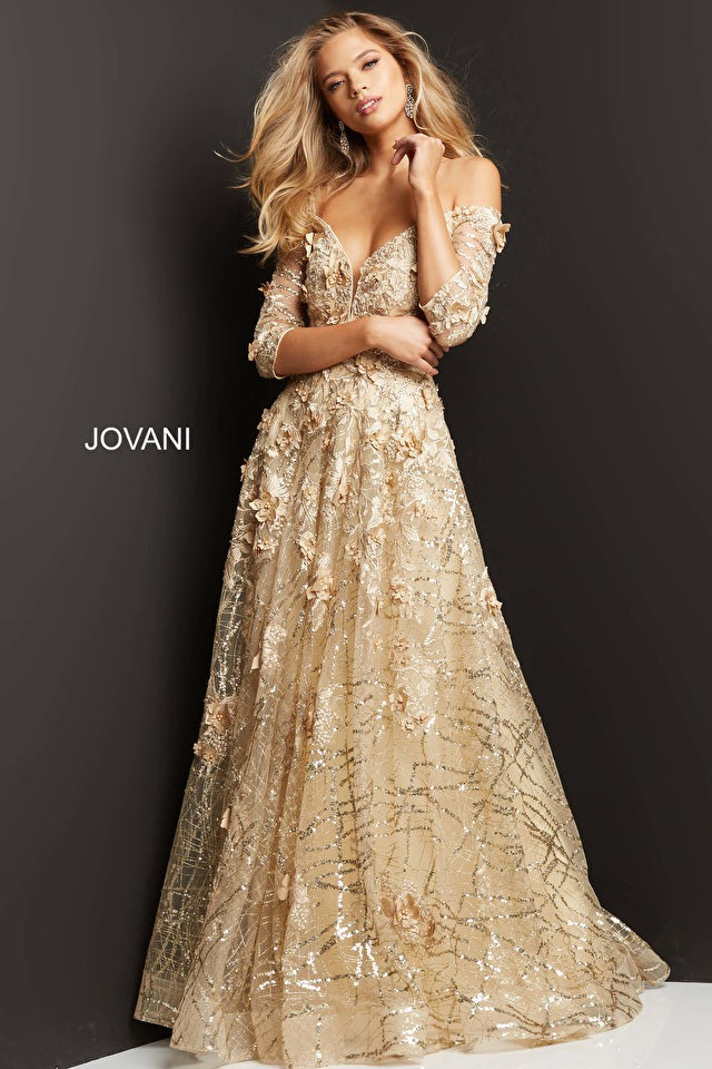Jovani Mother of the Bride Jovani 06636 Cream Floral Embellished A Line Gown