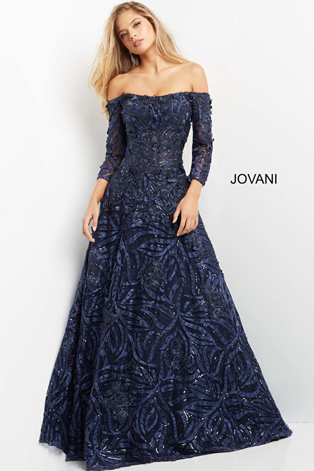Jovani Mother of the Bride Jovani 06792 Navy Off the Shoulder A Line Evening Gown