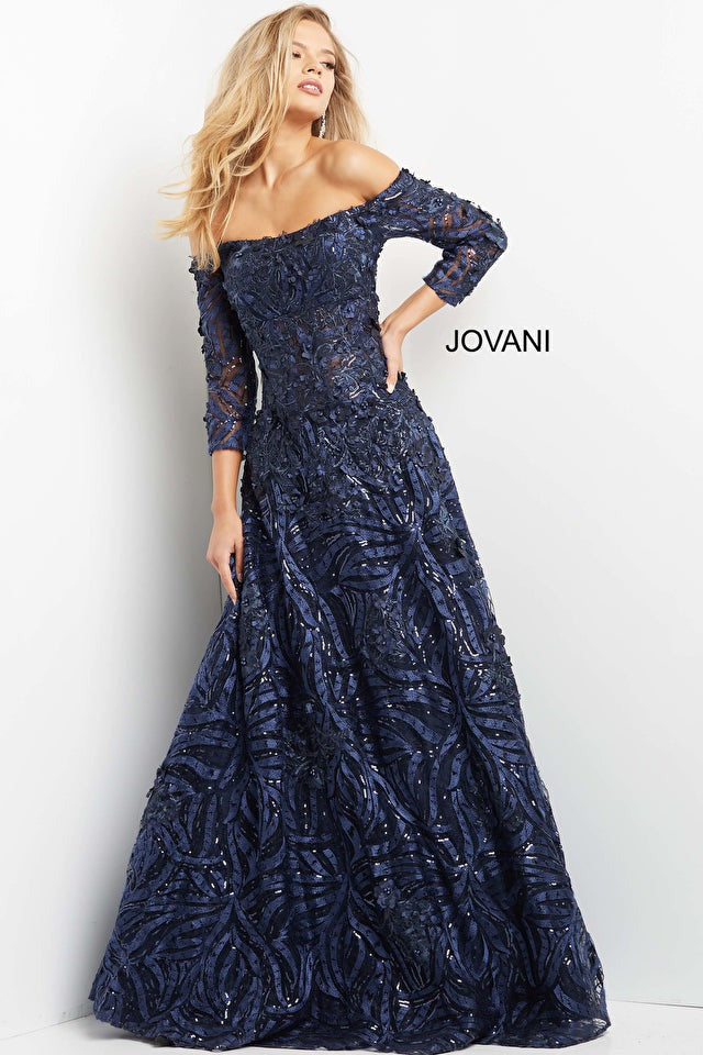 Jovani Mother of the Bride Jovani 06792 Navy Off the Shoulder A Line Evening Gown