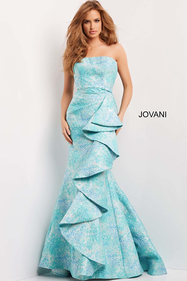 Jovani Mother of the Bride Jovani 08093 Blue Multi Ruffle Skirt Wrap Evening Gown