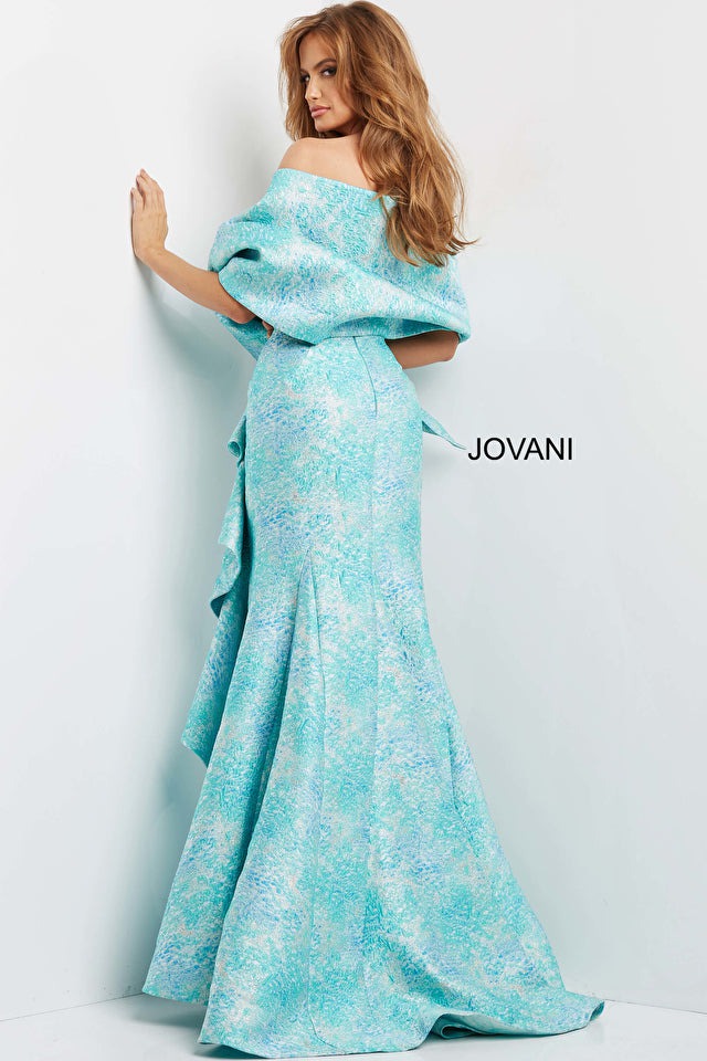 Jovani Mother of the Bride Jovani 08093 Blue Multi Ruffle Skirt Wrap Evening Gown