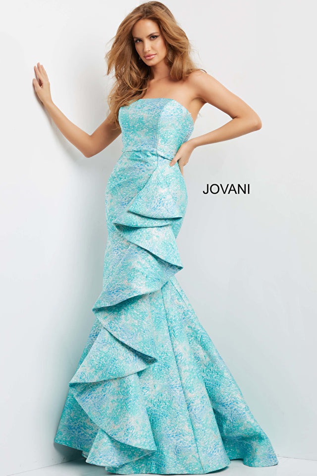Jovani Mother of the Bride Jovani 08093 Blue Multi Ruffle Skirt Wrap Evening Gown