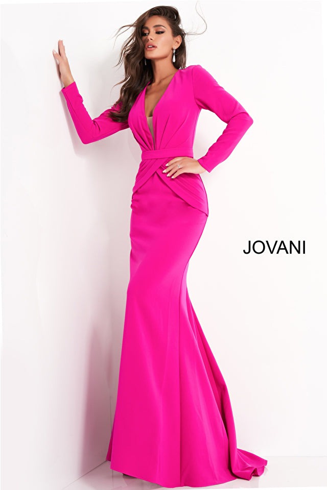 Jovani Mother of the Bride Jovani 1892 Fuchsia Plunging Neckline Evening Dress