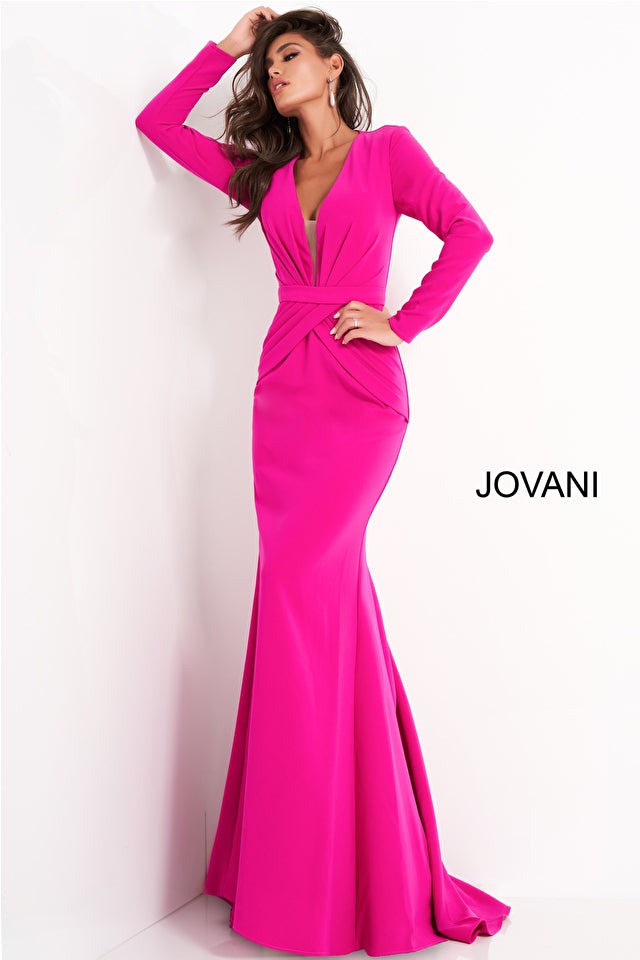 Jovani Mother of the Bride Jovani 1892 Fuchsia Plunging Neckline Evening Dress