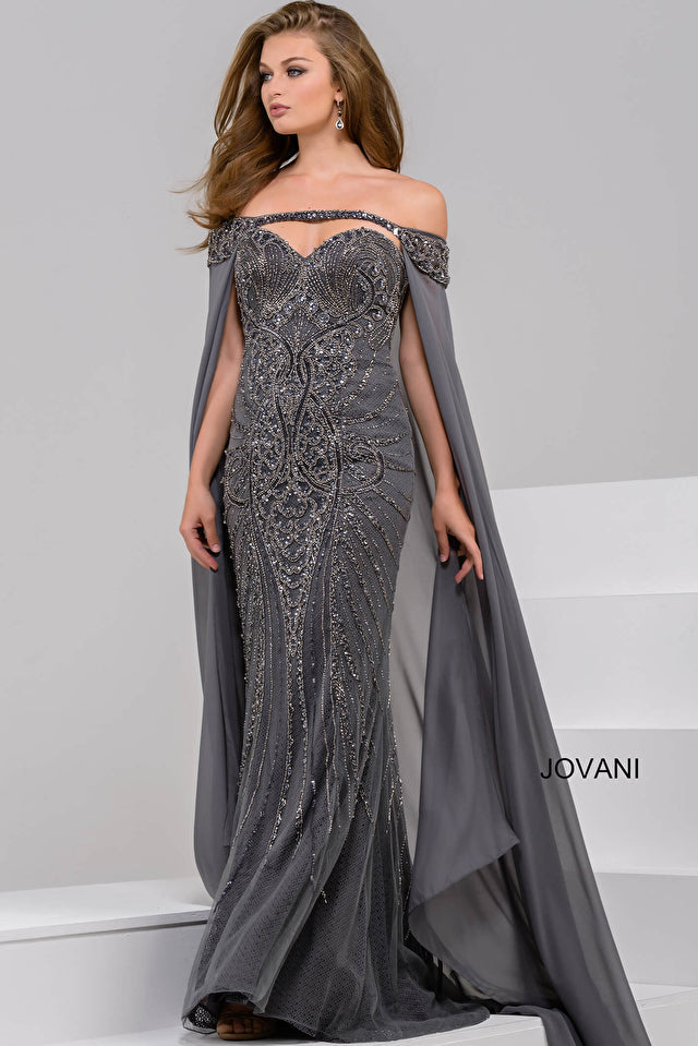 Jovani Mother of the Bride Jovani 45566 Off the Shoulder Beaded Mother of the Bride Dress