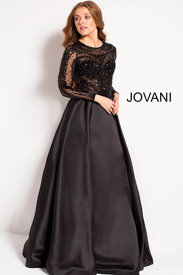 Jovani Mother of the Bride Jovani 46044 Navy Beaded Long Sleeve Ballgown